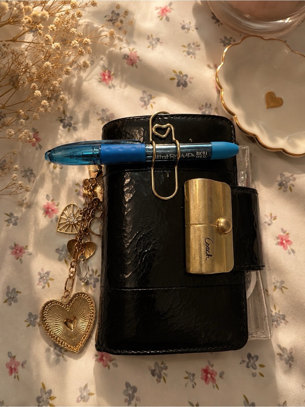 Coach Black Leather Small Organizer with Gold Charm Accents